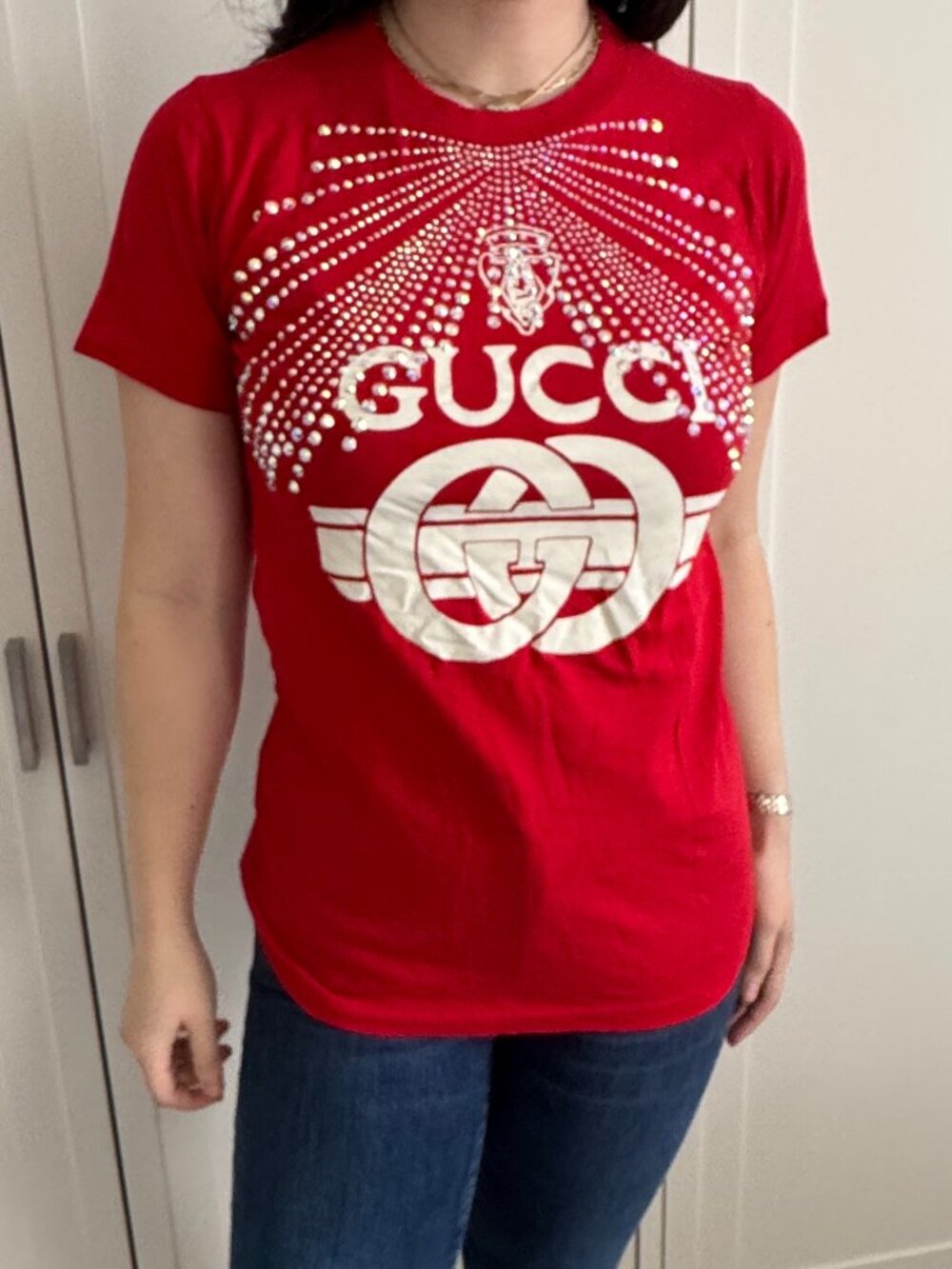 Gucci Red Crystal Embellished Logo T-Shirt — Women's S